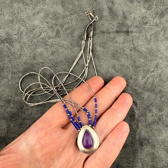Native American Liquid Sterling Silver Purple Sugilite Blue Lapis Necklace VTG - Picture 12 of 16